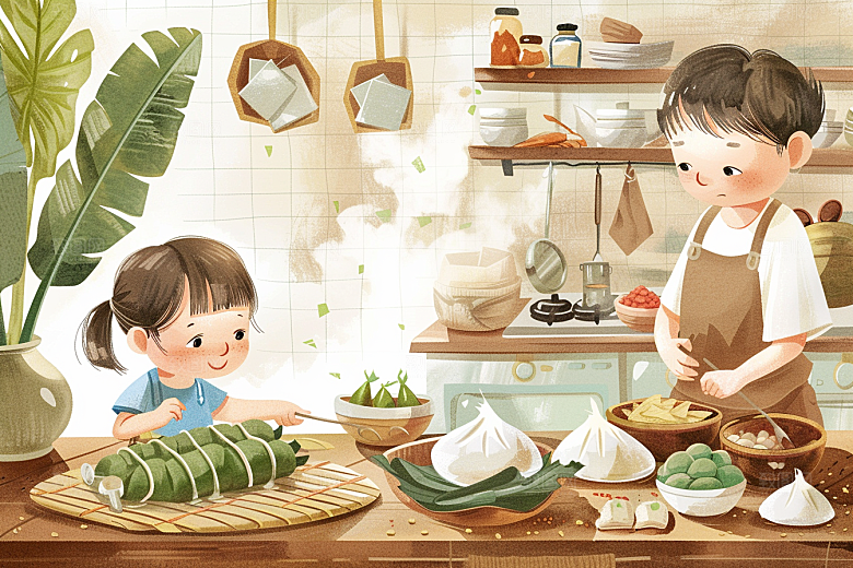 端午包粽子糯米小吃插画