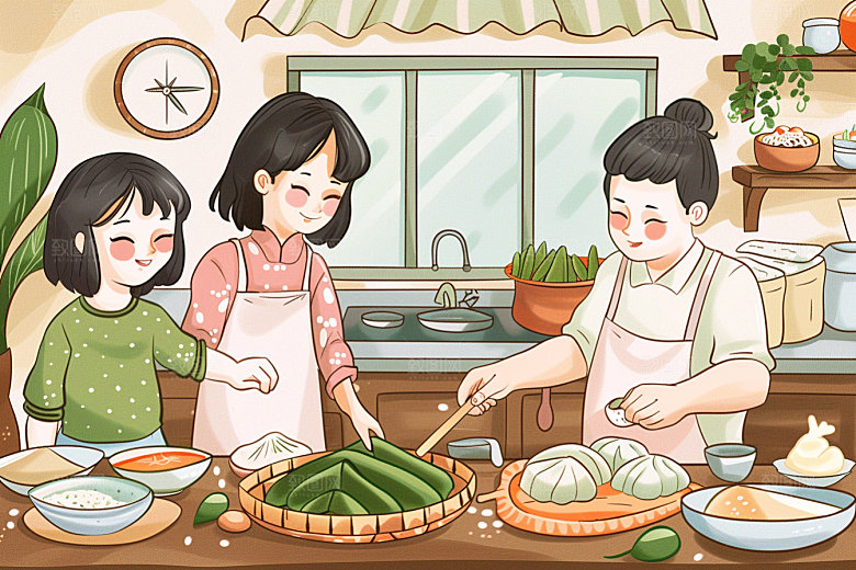 端午包粽子粽叶高清插画