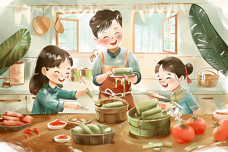 端午包粽子高清小吃插画