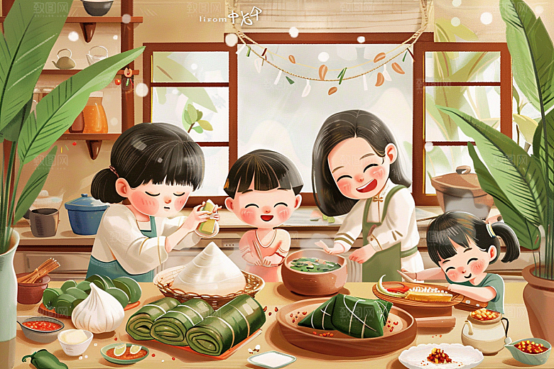 端午包粽子阖家团聚温馨插画