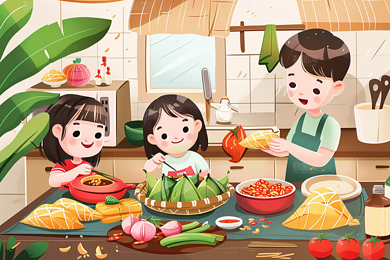 端午包粽子传统文化阖家团聚插画