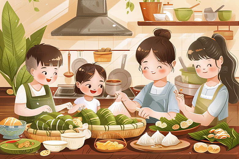 端午包粽子温馨幸福插画