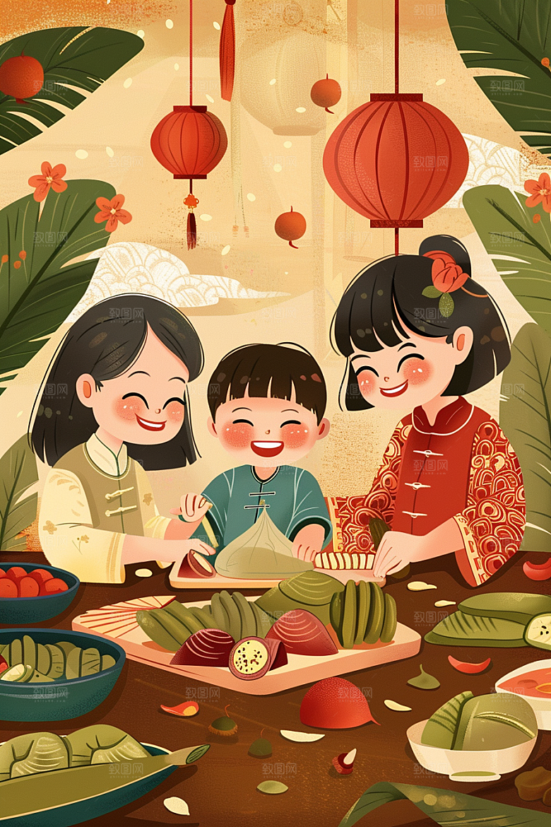 端午包粽子美食阖家团聚插画