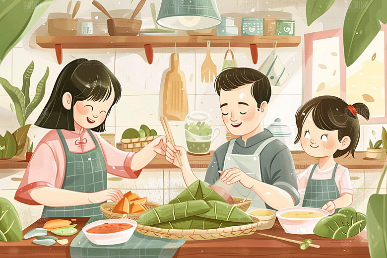 端午包粽子温馨幸福插画