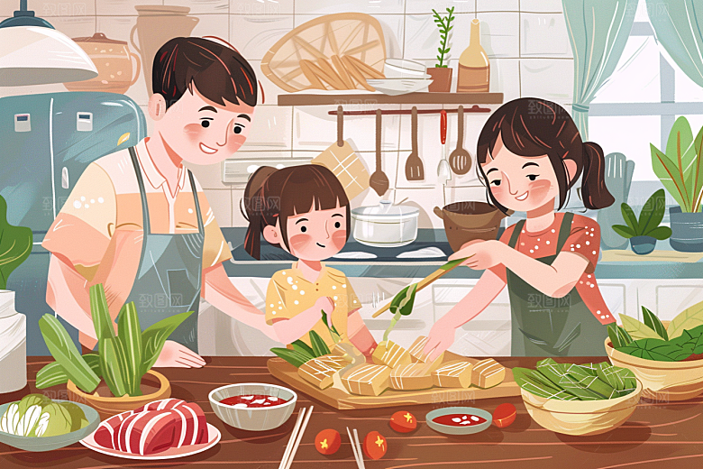 端午包粽子粽叶糯米插画
