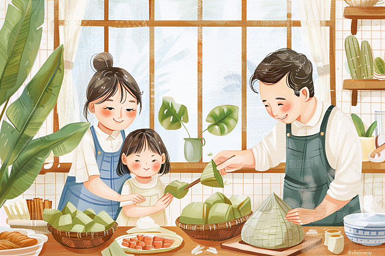 端午包粽子手绘幸福插画