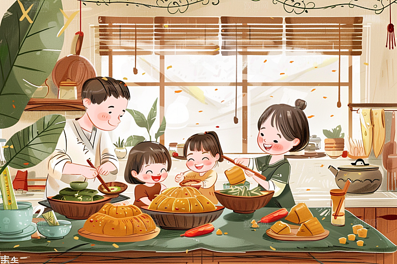端午包粽子美食小吃插画