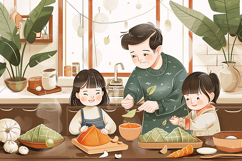 端午包粽子节日氛围手绘插画