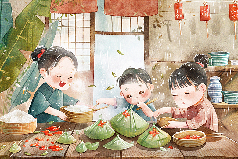 端午包粽子幸福手绘插画