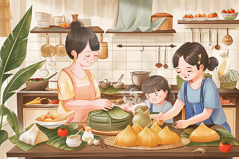 端午包粽子粽叶手绘插画