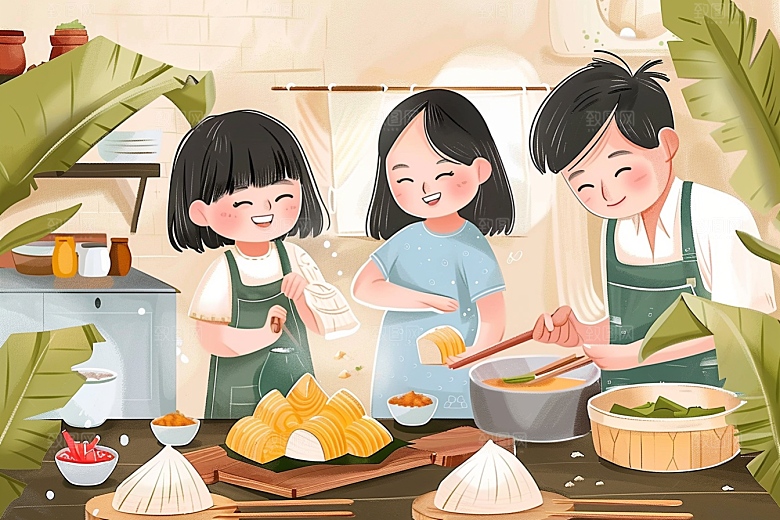 端午包粽子节日粽叶插画