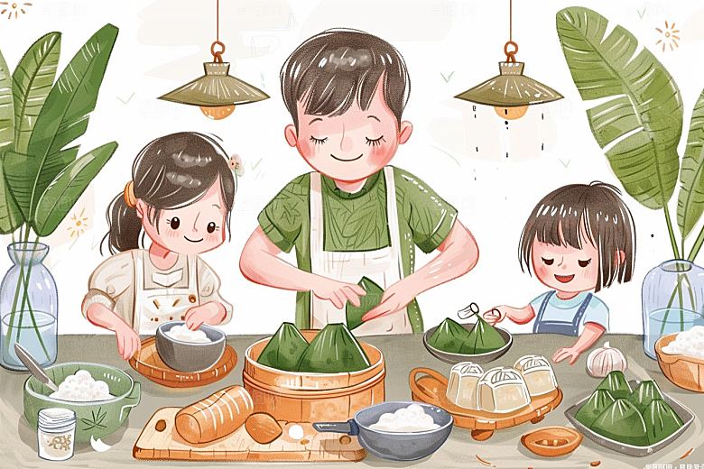 端午包粽子高清阖家团聚插画
