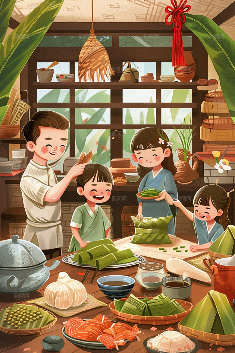 端午包粽子阖家团聚粽叶插画