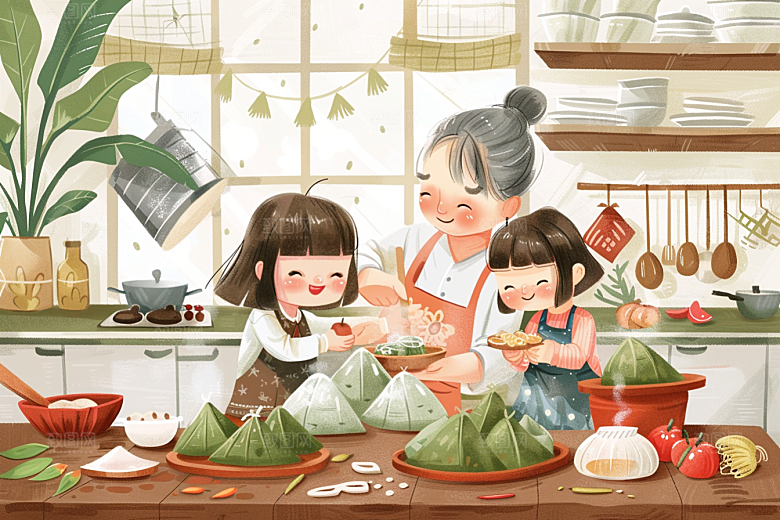 端午包粽子粽叶高清插画