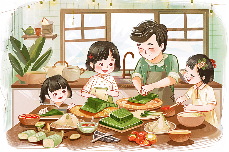 端午包粽子传统文化糯米插画