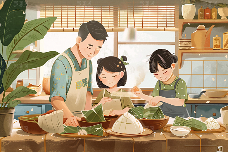 端午包粽子小吃节日插画