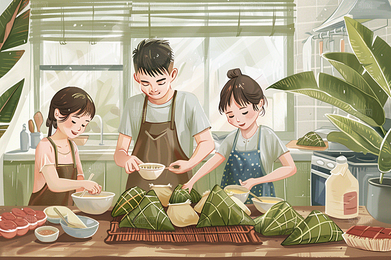 端午包粽子手绘美味插画