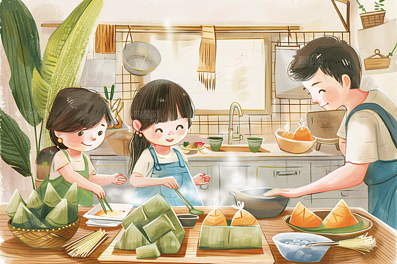 端午包粽子小吃温馨插画