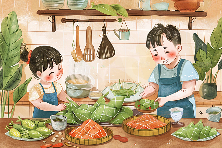 端午包粽子温馨幸福插画