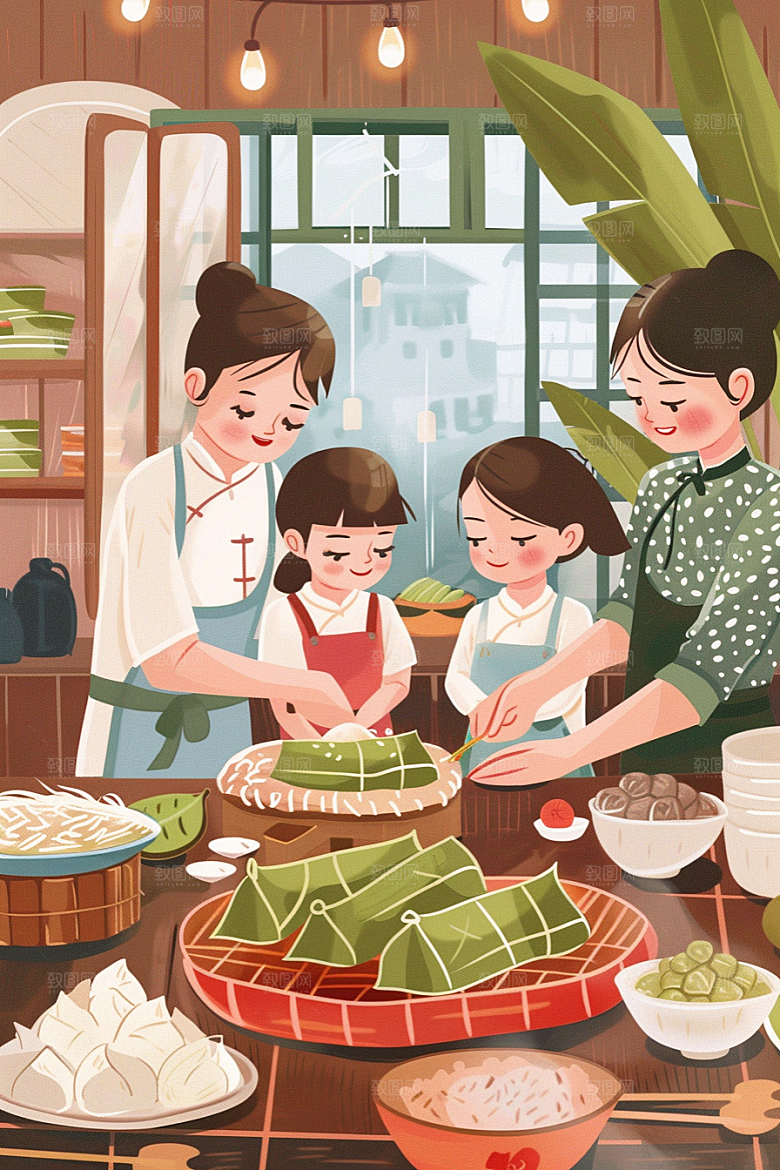 端午包粽子手绘小吃插画