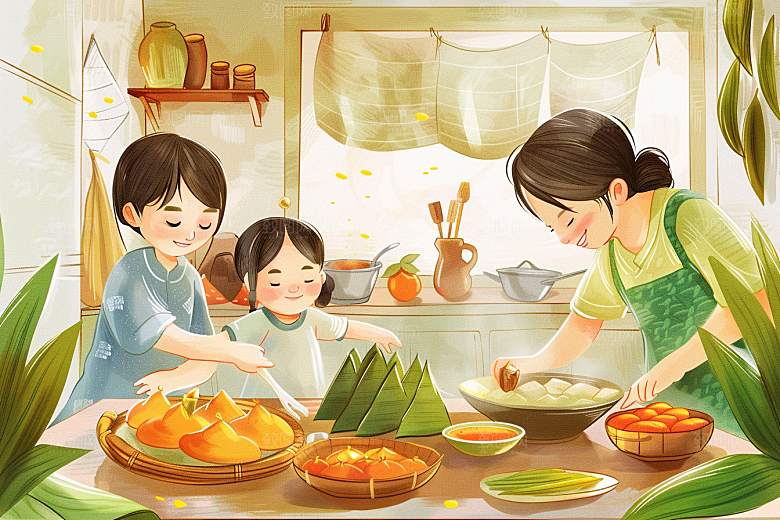 端午包粽子习俗手绘插画