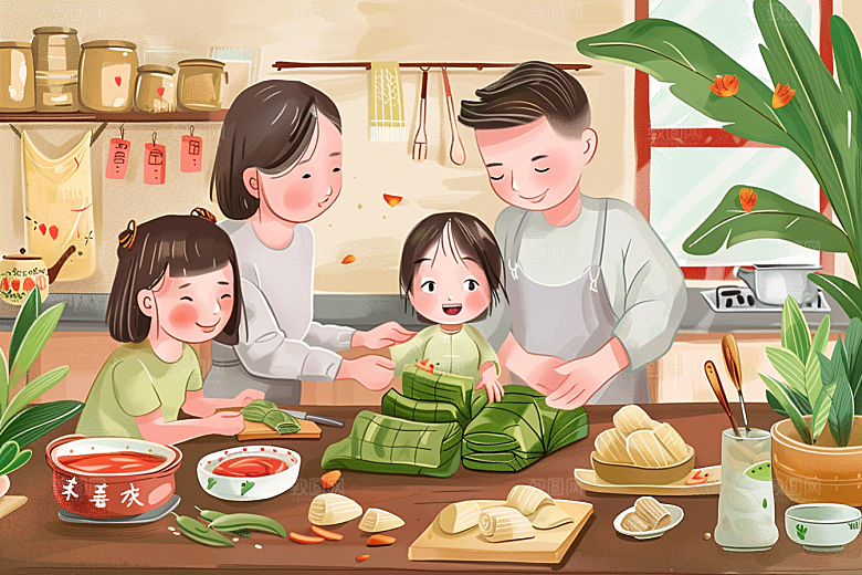 端午包粽子手绘传统文化插画