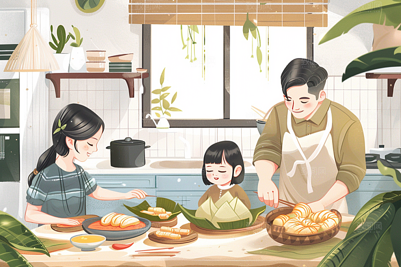端午包粽子手绘粽叶插画