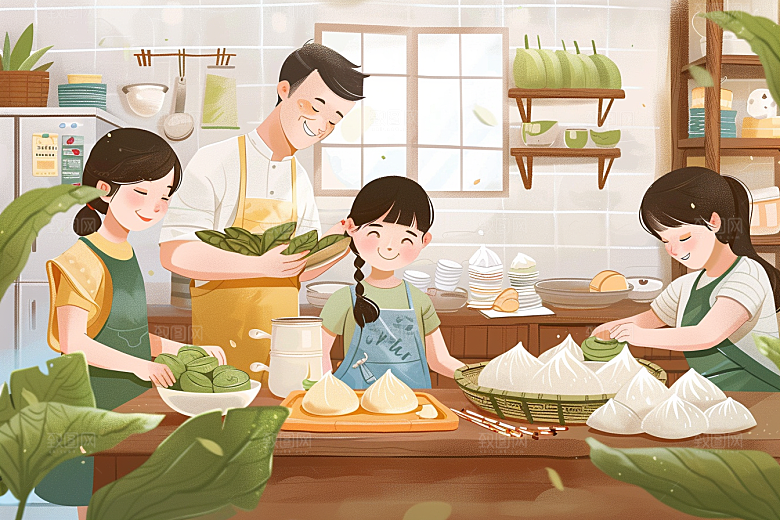 端午包粽子高清手绘插画
