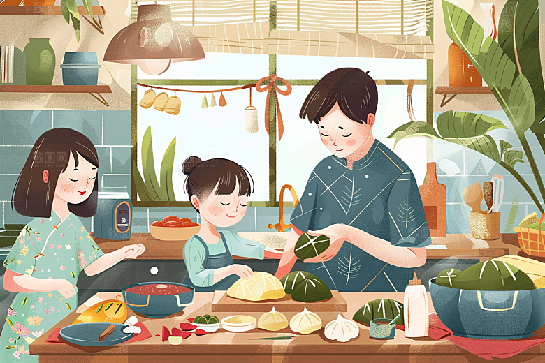 端午包粽子粽叶小吃插画