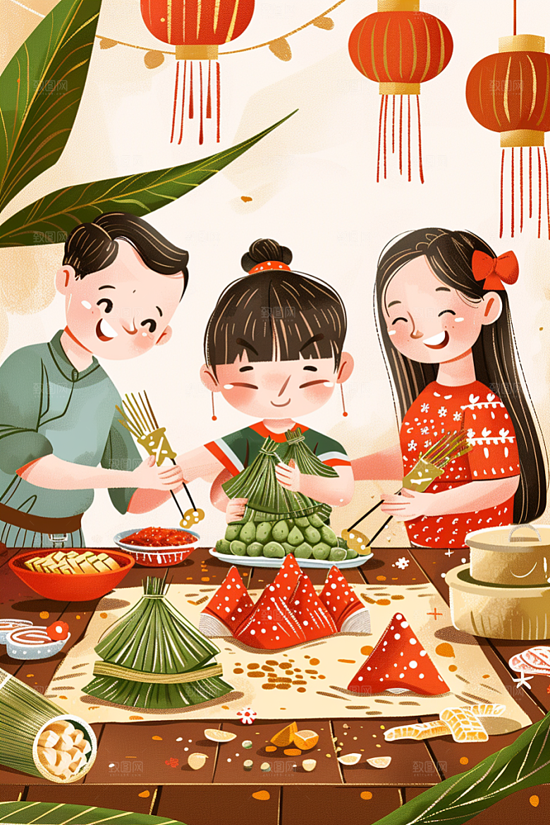 端午包粽子节日氛围美味插画
