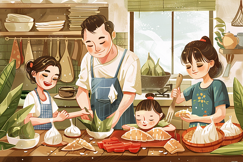 端午包粽子粽叶美味插画