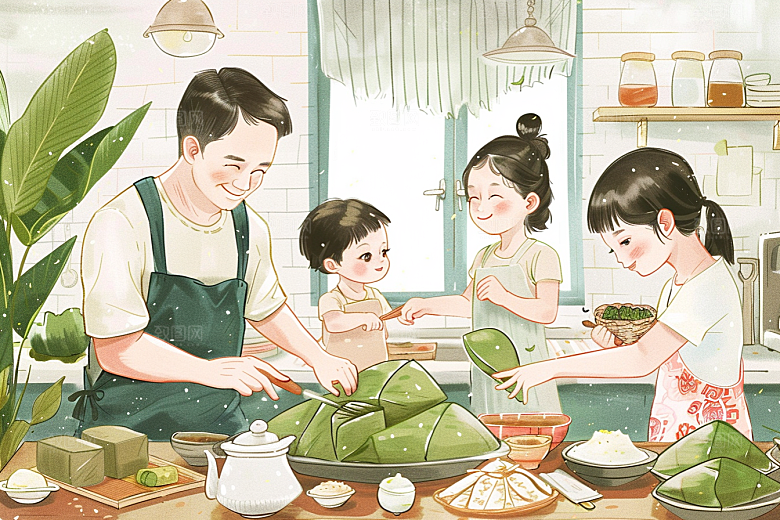 端午包粽子端午节手绘插画