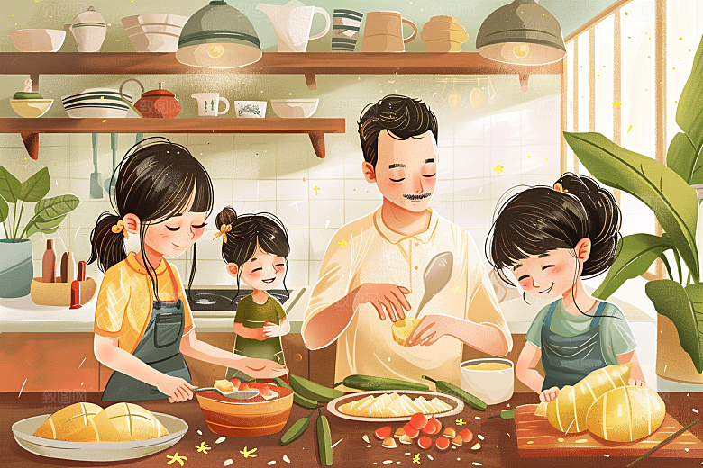 端午包粽子粽叶美食插画