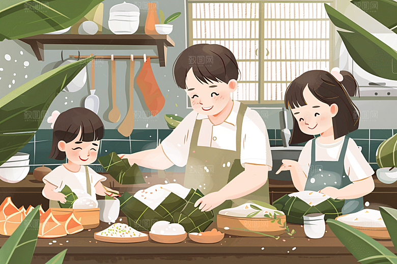 端午包粽子节日氛围糯米插画