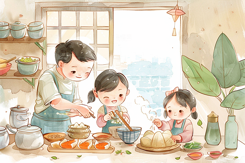 端午包粽子温馨糯米插画