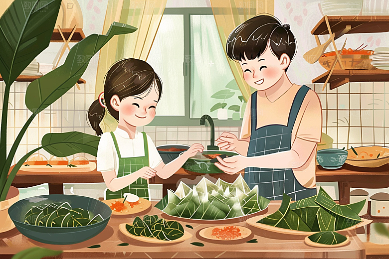 端午包粽子小吃习俗插画