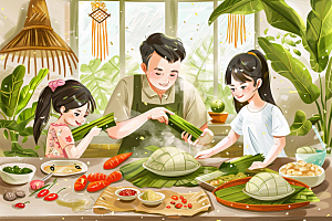 端午包粽子习俗节日氛围插画
