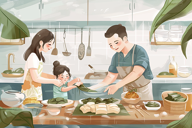端午包粽子习俗美味插画