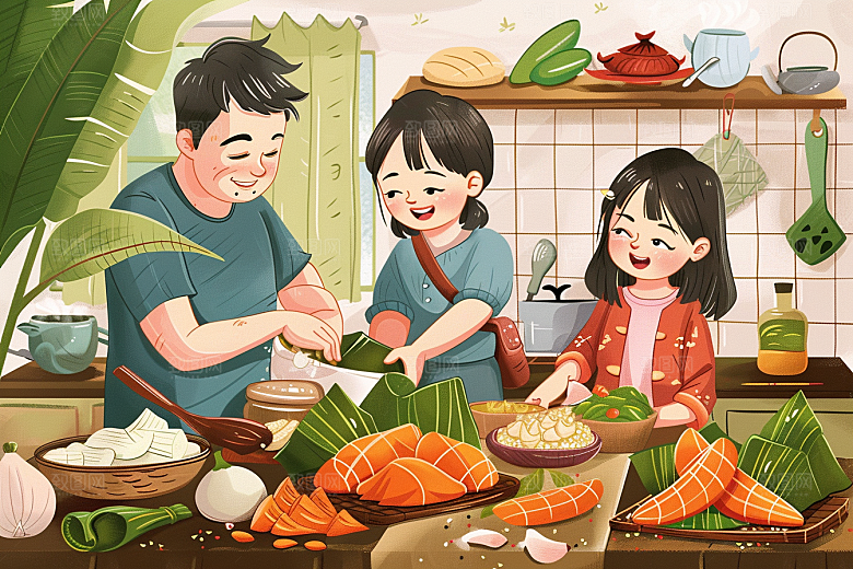 端午包粽子传统文化节日氛围插画