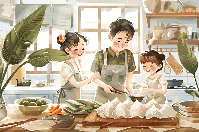 端午包粽子糯米节日插画
