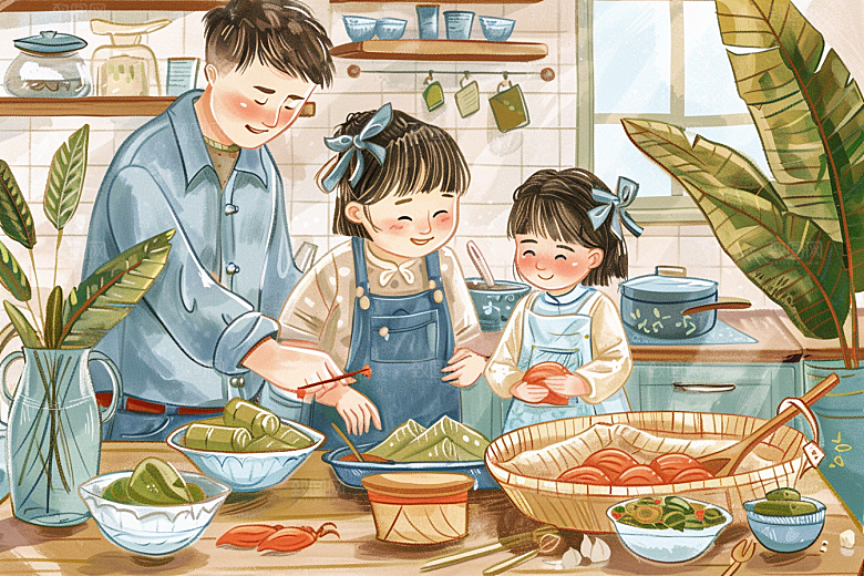 端午包粽子温馨端午节插画
