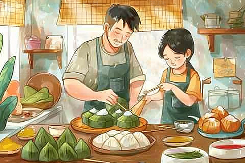端午包粽子粽叶手绘插画