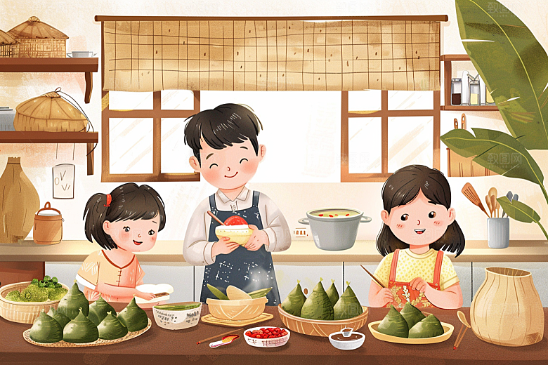 端午包粽子传统文化小吃插画