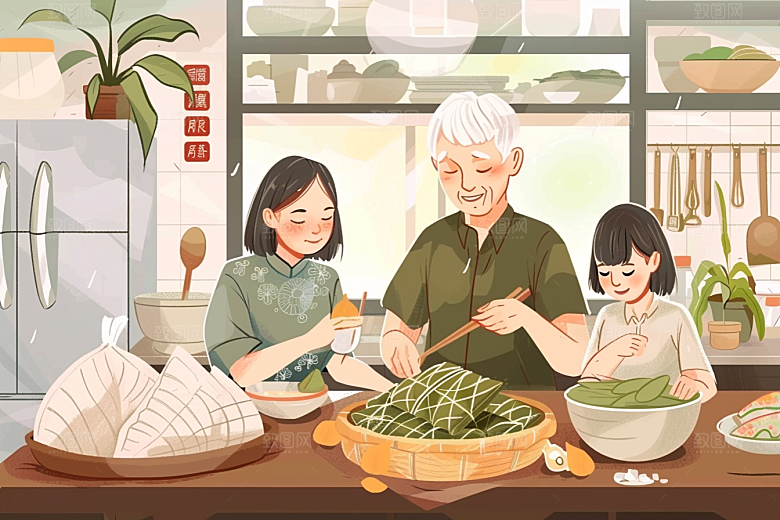 端午包粽子美食传统文化插画