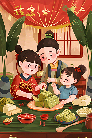 端午包粽子美食阖家团聚插画