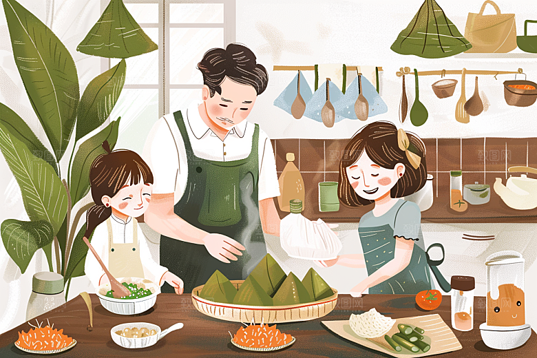 端午包粽子糯米手绘插画