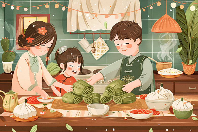端午包粽子糯米阖家团聚插画