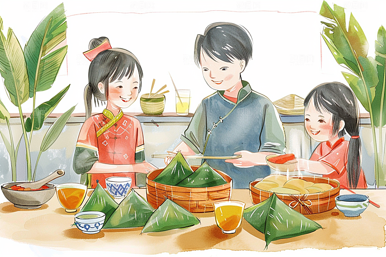 端午包粽子糯米幸福插画