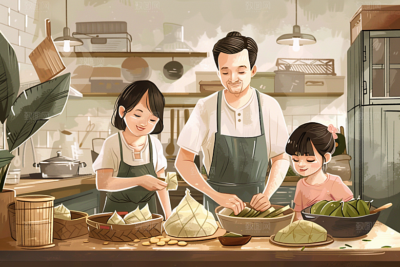 端午包粽子节日阖家团聚插画