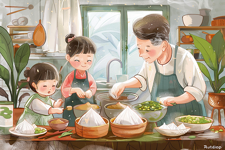 端午包粽子糯米小吃插画